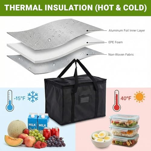 2 Pcs Insulated Cooler Bag Box, Thermal Food Delivery Bag with Zipper Seal, 40L Reusable Insulation Shopping Bags Picnic Lunch Bags Foldable Cool Box for Shopping Camping Family BBQ Picnic (Black) — view 4