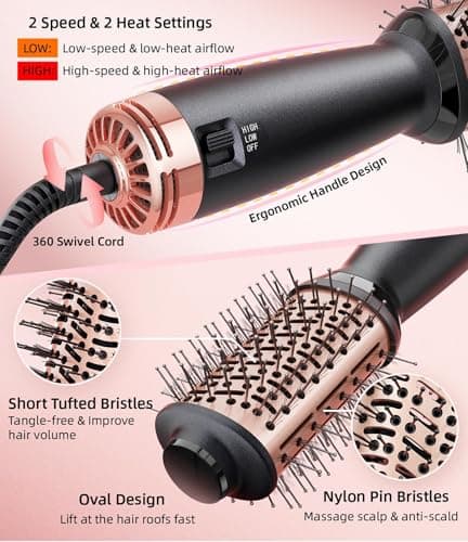 Travel Dual Voltage Hair Dryer Brush, Small Hot Air Brush for European Travel, Compact 2 Inch One Step Blowout and Volumizer Hair Blow Dryer with Oval Design, Rose Gold — view 6