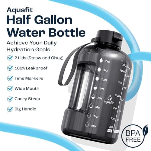 AQUAFIT 2 Litre Water Bottle with Straw - Water Bottles 2L with Time Marker - Half Gallon Big Bottle with Straw - Large Bottle For Gym - Grey Fade, 2 Lids — view 2