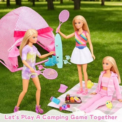 25 Pcs Doll Clothes Travel Camping Tent Compatible, 1 Tent 1 Dress 1 Fashion 1 Leisure 3 Shoes 10 Picnic Food Toy 8 Outdoor Accessories Playset Set for 11.5 Inch Doll Girls Gift — view 6