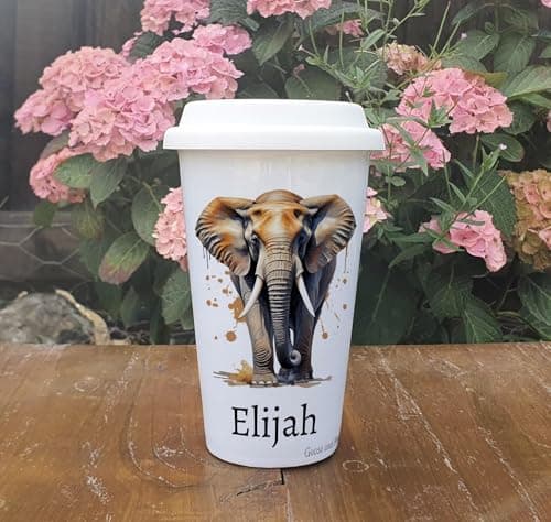 Personalised Elephant Travel Mug, Gift for Safari Lover, Thank you present for Zoo Animal Lover, Hot Drinks Flask, Insulated Coffee Cup — view 3