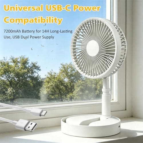 Portable Standing Fan, 3-in-1 Foldable Pedestal Fan, 7200mAh Battery, USB Rechargeable Fan with 4 Speeds, Height Adjustable Telescopic Floor & Desk Fan, Quiet Fan for Home, Office, Camping (white) — view 2