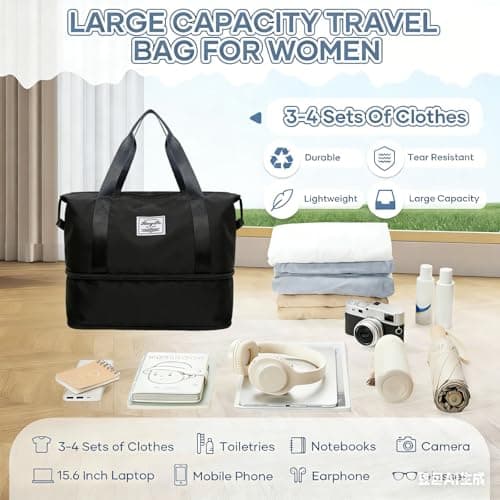 HUANYO Expandable Holdall Bag - 2-in-1 Design (20L to 35L), Foldable Waterproof Lightweight Sports & Travel Bag for Men and Women, Perfect for Gym, Beach, Yoga and Weekend Trips (Black) — view 5