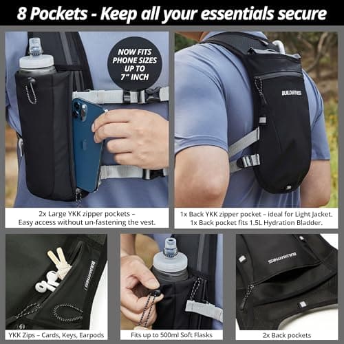 Running Hydration Vest for Women and Men. Reflective, 8 Pocket, Quick dry, Water-Resistant, Breathable, 1.5L, Adjustable Backpack for Runs, Hiking, Cycling, Trails, Marathons (with 2x 500ml soft flask — view 3