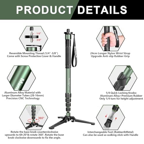 Manbily G-333 Camera Monopod 180cm for DSLR with Feet, Monopods for Cameras 5 Sections Walking Stick Hiking Pole, Mini Tripod Detachable Base, Aluminum Max 10KG Canon Nikon Sony (Olive Green) — view 2