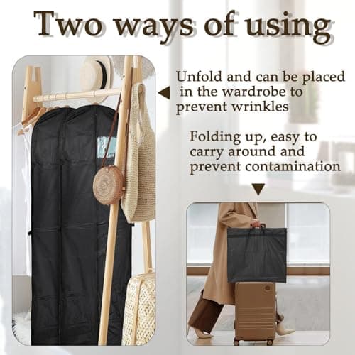 1 Pack Long Dress Bags Covers Dust ProofClothes Covers, Translucent Window Lightweight Foldable Washable Black Hanging Garment Bags with Handle for Coat Gowns,Dresses,Shirts,Jackets(Black) — view 5
