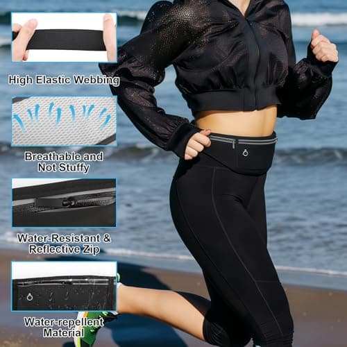 Running Belt, Waterproof Waist Bag with Reflective Strips Adjustable Waistpacks with Headphone Jack Fit Smartphone Up to 7.2 inch for Workouts Outdoor Activities (Black) — view 3