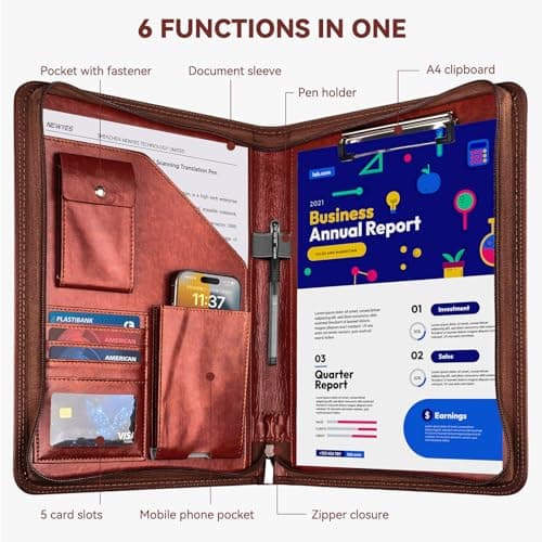 GUYUCOM A4 Portfolio Folder – PU Leather Document Organizer with Zipper, for Conference & Travel, Personal Agenda Wallet,Gift for Men and Women – Brown — view 2