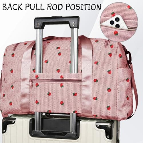 AUNGKWANG Corduroy Strawberry Travel Duffel Bag Set, Dance Bags for Girls with Little Strawberry Wallet, Sports Bags Women Foldable Gym Sports Bag — view 6