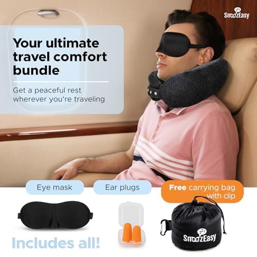 SnoozEasy™ Travel Pillow for Adults | High-Density Memory Foam Neck Pillow for Airplane | Adjustable Flight Travel Cushion with Eye Mask, Ear Plugs, Carry Bag & Carabiner Clip | UK Brand — view 2