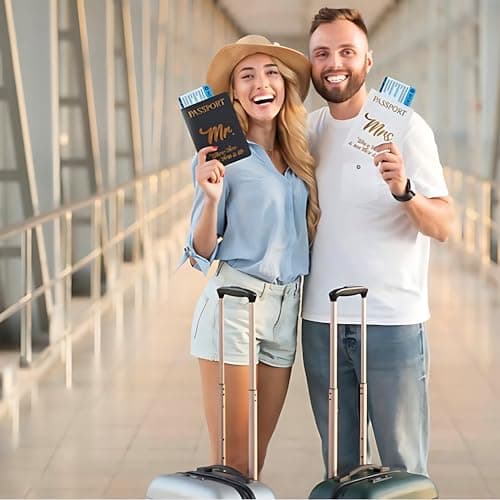 His and Hers Giftable Travel Pack | 2 x Passport Covers and 2 x Luggage Tags | Designed Especially for Couples Travel Lovers | Suitable Wedding Gift | Cute and Thoughtful | PU leather Black and White — view 5