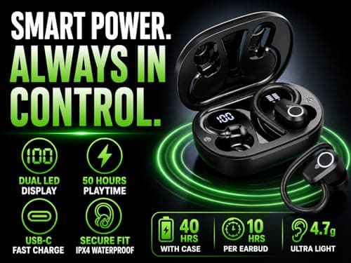 wowtravel Wireless Earbuds Bluetooth 5.3 Sport Headphones with Earhooks 50H Playtime Dual LED Display HiFi Stereo Bass IPX4 Waterproof In Ear Earphones USB C Fast Charge — view 2