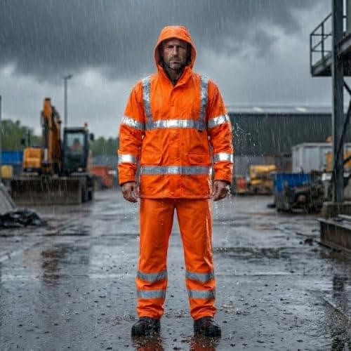 Hi Vis Waterproof Rainsuit 2 Piece Jacket & Trousers Set – High Visibility Workwear Safety Rain Suit Overalls Protective Clothing Outdoor Work Unisex Lightweight Synthetic Waterproof Orange L — view 2