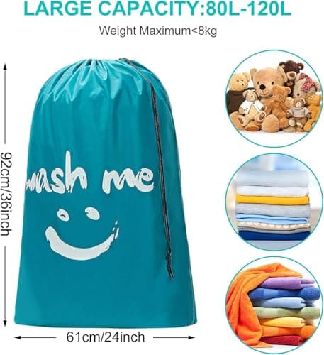 CJWLKJ 2-Pack XL Travel Laundry Bag, Machine Washable Dirty Clothes Organizer, Large Enough to Hold 4 Loads of Laundry, Easy Fit a Laundry Hamper or Basket (Black+Sky Blue) — view 4