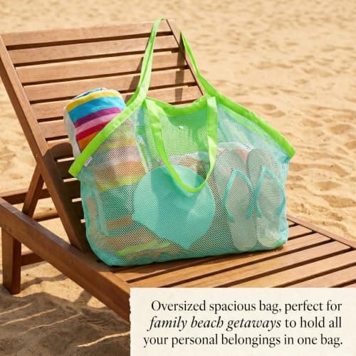 Large Mesh Beach Bag,Beach Toy Bag for Kids,Mesh Beach Bags,Foldable Toys Net Tote Bags Waterproof Lightweight for Sand Storage for Wet Towels Swim Pool Travel Essentials Accessories (40x24x38 cm) — view 6
