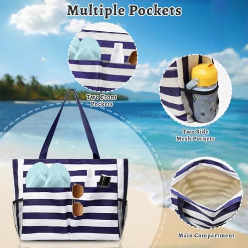 flintronic Extra Large Lightweight Beach Bag, Waterproof Beach Tote Bag with Zip, Foldable Shoulder Bag for Women, Reusable Shopping Bag, for Beach Travel Holiday Swimming Picnic,Navy Blue — view 4