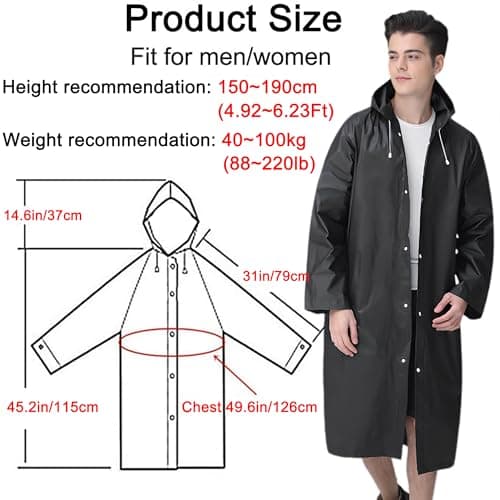 Cosowe Rain Ponchos for Adults Reusable, 2 Pcs Raincoats Emergency for Women Men with Hood and Drawstring, Black — view 4