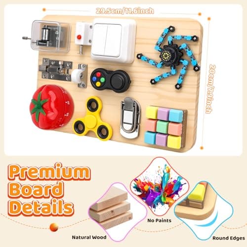 Busy Board Toy for Toddlers, Wooden 11 in 1 Montessori Educational Fidget Sensory Toys for Stress Relief, 27cm Activity Board for Kids Preschool Learning, Car Airplane Travel Birthday Desk Gift — view 2