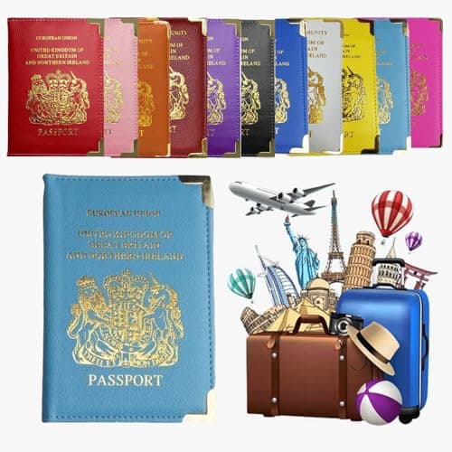 AlezyB - British Passport Holder, Portable Wallet Case Organiser Passport Wallet for Men, Women, PU Leather Cover for Travel, Business Cards, Credit Cards and Boarding Passes (Sky Blue)
