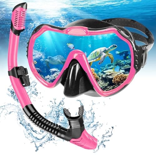 Snorkel Set Adults, Scuba Snorkelling Packages with Anti-Fog Panoramic View Swimming Goggles,Dry Snorkel Set Suitable for Snorkeling Diving Swimming (Pink)