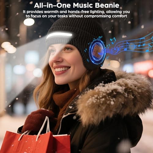fesoklaf Bluetooth Beanie Hat Headphones with LED Light for Men Women Winter Warm Wireless Music Flashlight Beanie Outdoor Sports (UK, Alpha, One Size, Black) — view 3