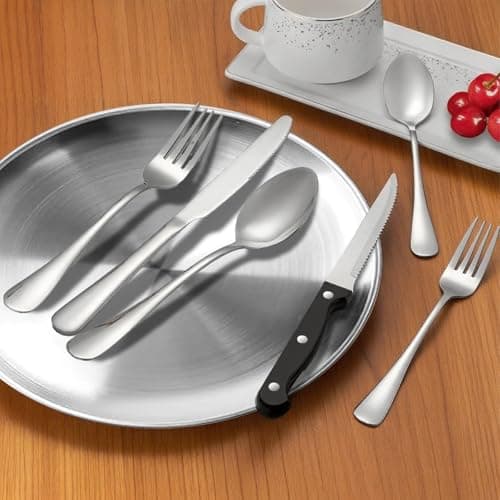 20Pcs Camping Cutlery Set for 4 Person,Portable Tableware Set for Hiking,Silver Food-Grade Stainless Steel,Picnic Utensils Set with Spoons Forks Knife Clip Plate,Case with Zipper Pouch — view 5