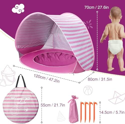Pop Up Baby Beach Tent,Automatic Baby Sun Shade Shelter Tent with Baby Pool Portable Lightweight UV Protection Beach Tent for Baby Family Picnic Garden (Pink) — view 3