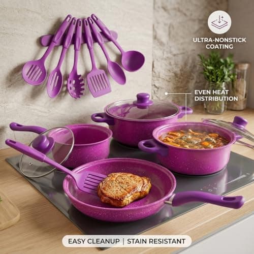 13-Piece Purple Nonstick Cookware Set, Non Stick Pots Pans Frying Pan Saucepans Milk Pot Utensils — view 3