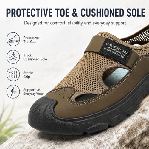 Hixingo Men's Sandals Closed Toe Wide Fit Size 7.5-10.5 UK Leather Sandals for Men Summer Beach Slippers Lightweight Adjustable Strap Non-Slip Sole for Walking Pool holiday (Khaki,8) — view 5