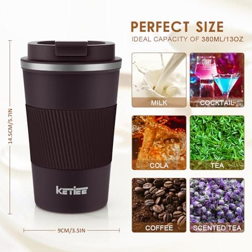 KETIEE Travel Mugs, 380ml Insulated Coffee Cup with Leakproof Lid - Double Walled Coffee Mug,Stainless Steel Thermal Mug for Hot Cold Drinks,Reusable Coffee Cups Travel Cups,Coffee Travel Mug-Brown — view 6