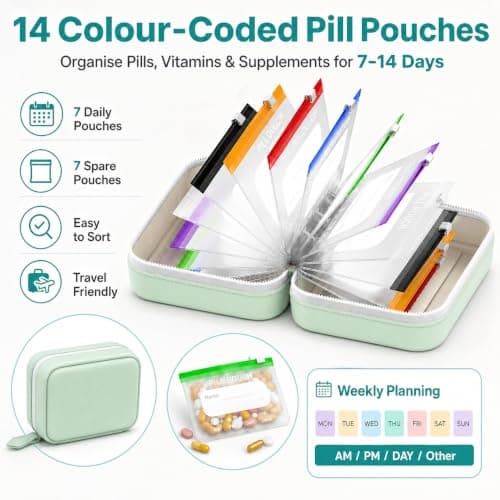 A8 Waterproof Pill Organiser Set with 14 Colour-Coded Pill Pouches, 7–14 Day Travel Medicine Organiser, Weekly Tablet Organizer Case with Reusable Binder Design for Vitamins, Supplements, Daily Use — view 2