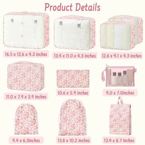 10PCS Packing Cubes for Suitcases, Travel Organiser Packing Bags for Clothes Shoes Toiletries Travel Luggage Organizers Storage Bags (Pink Flower) — view 2
