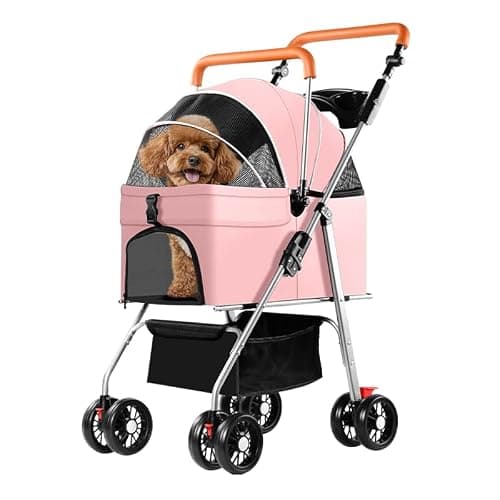 Simcat Pet Stroller for Small Dogs Cats, Foldable Cat Dog Pram for Medium Dogs with 360 ° Wear-Resistant Rubber Wheels Dog Travel Carrier (Pink)