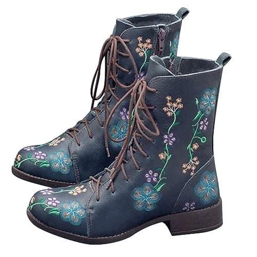 Lace Up Boots Women Casual Comfortable Low Chunky Heel Shoes Stylish Non-Slip Printed Embroidered Round Toe Side Zipper Wide Fit Combat Boots Outdoor Walking Hiking