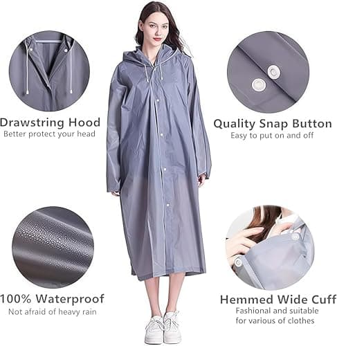 GUKOY Rain Ponchos Raincoats for Adults, 100% Waterproof Reusable [2 Pack] Rain Cape Emergency for Women Men with Hood and Drawstring Gray — view 3