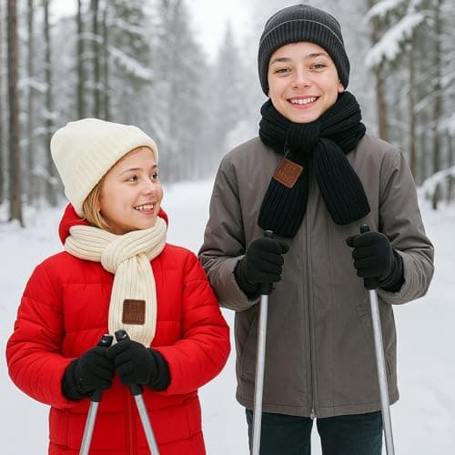 Abeillo 2 Pack Warm Kids Winter Knit Scarves Soft Knitted Neck Warmer Scarf Warm Scarves Wrap for Boys Girls (Beige, Black) — view 4
