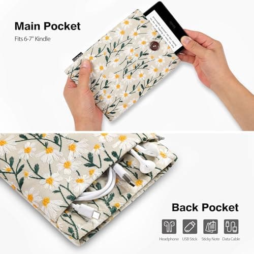 MoKo 6-7 Inch Embroidered Daisy Padded Sleeve Pouch for Kindle Paperwhite 12th Gen 2024, 2022-2016, Oasis, Voyage, Kobo eReader - Beige — view 5