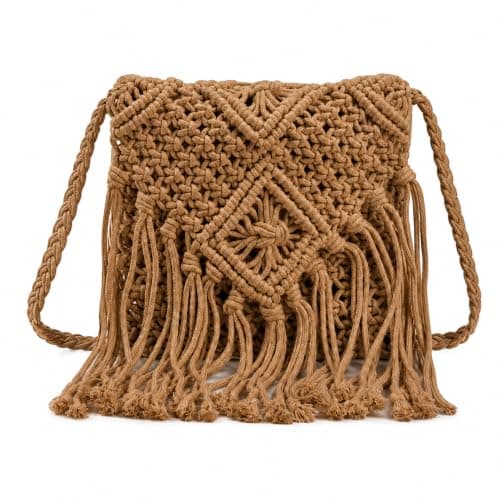 Fjquamitix Straw Cross Body Bag Women Boho Macrame Handmade Crochet Bag With Zipper Closure Fringe Shoulder Beach Purse Summer Handbags Travel Vacation Daily Use (Coffee)