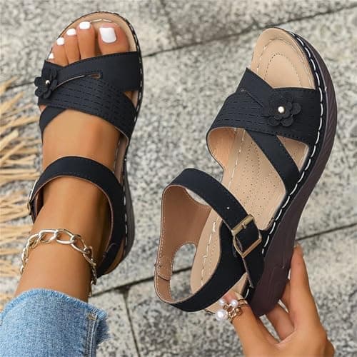 Orthopedic Sandals for Women UK Plantar Fasciitis Comfort Wedge Sandals Open Toe Ankle Strap Sandal Summer Wide Fit Cushion Walking Shoes Ladies Casual Summer Sandal with Arch Support 2-Black, 6 — view 5