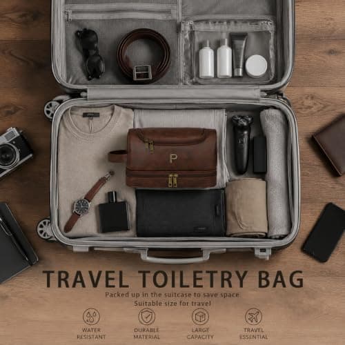 CLOUDWINGS Personalized Toiletry Bag for Men - Custom Gifts for Men Him Dad Husband Boyfriend Groomsmen, Initial PU Leather Travel Shaving Kit Bag, Travel Essentials, Birthday Gifts for Men (P) — view 6