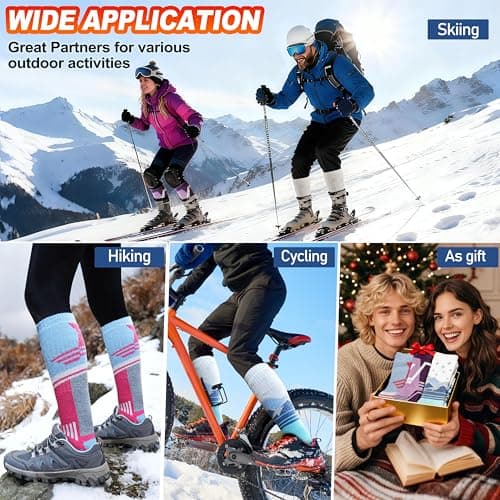 Sandsuced Merino Wool Ski Socks for Mens Womens Winter Thermal Warm Heated Thick Knee High Snowboarding Skiing Socks for Cold Weather 3 Pairs Gifts Stocking Fillers(Red/Blue/Purple,M) — view 2