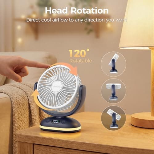 TriPole 4000mAh Rechargeable Desk Fan 31H Runtime, 4 Speed Portable USB Fan with LED Display, Battery Operated Ultra Quiet Table Fans, Head Adjustable for Office, Bedroom, Camping, Travel (Navy Blue) — view 6