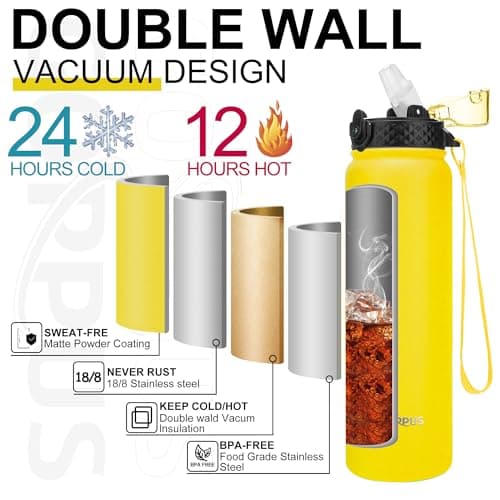 GOPPUS 1L/32oz Stainless Water Bottle with Straw Double Wall Insulated Bottles with Strap Reusable Vacuum Thermal Flask Leakproof Keep Cold Drinks Bottles with Flip Top Lid BPA Free (Yellow) — view 5