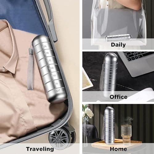Metal Pill Organizer Weekly,Stackable Waterproof Travel Pill Box,Travel Hiking 7 Day Pill Box Case,Date Display,Large Compartment to Hold Pills, Vitamins,Fish Oil, Supplements (Dark Grey) — view 2