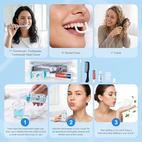 Lilingsty Travel Toothbrush Kit Bulk, Hygiene Kit Bulk with Toothbrush Toothpaste Set, Floss Picks, Comb, Travel Mouthwash, Toothbrush Cover, Individually Packaged, for Travel, Hotels (12-Pack) — view 4