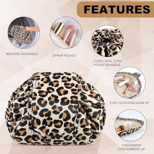 Vavabox Lazy Drawstring Makeup Bag, Flat Lay Cosmetic Bags (Yellow Leopard) — view 5