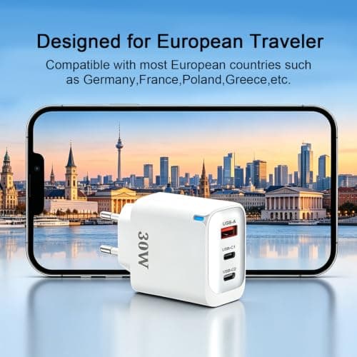 EU plug travel adapter charger, European wall adapter with 2 USB C fast charging ports and 1 USB A port, European universal fast charger Compatible with iPhone/Samsung,2 pack — view 6