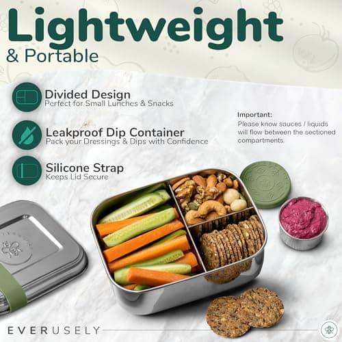 Everusely - Bento Box - Sage, 47oz / 1.4 L - Large Stainless Steel Lunch Box with Leakproof Condiment Container - 3 Compartment Snack Container Office Meals - Freezer & Dishwasher Safe — view 2