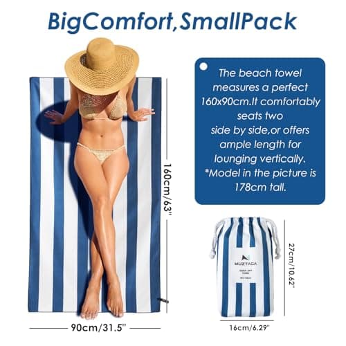 Muztaga Microfibre Beach Towel - Sand Free, Quick Dry, Large 160 x 90 cm Striped Pool Towels for Adults & Kids, Lightweight Compact Travel Towel with Bag for Holiday & Gym (Navy Blue) — view 2