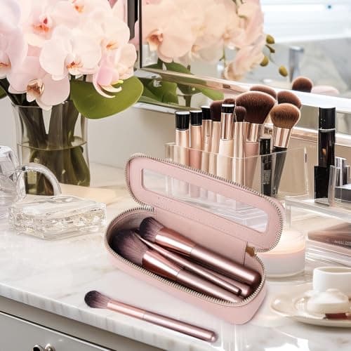 Pinkmik Makeup Brush Bag Slim Clear Makeup Bag Transparent Travel Cosmetic Case & Toiletry Bag with Zipper Small Beatuy Makeup Bag Purse Organizer for Women, Pink, SLIM-3, Makeup Brush Case — view 5